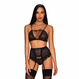 Obsessive Basitta 3-Piece Mesh & Lace Set S/M Black Adjustable