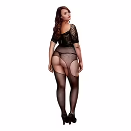 Baci Queen Size Crotchless Floral Lace Bodystocking with Suspender Effect