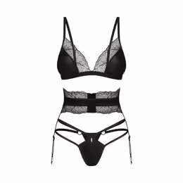 Lobellis дантелен комплект бельо от 3 части, черен, XL/2XL