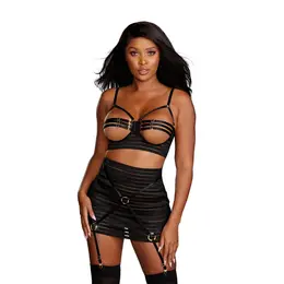 Baci Lingerie Strappy Open Cup Bra & Garter Skirt Set Black M