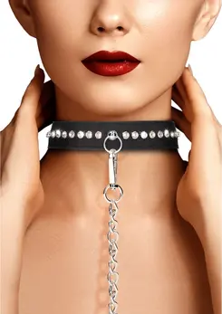 Shots Diamond Series Adjustable Collar with Leash, Black, Studded Design
