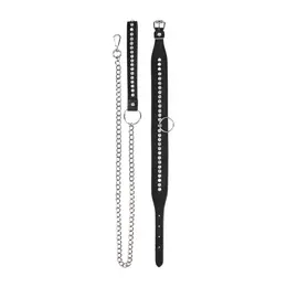Shots Diamond Series Adjustable Collar with Leash, Black, Studded Design