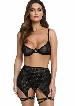 THP101 3-Piece Lingerie Set Gold Embroidery Adjustable Straps