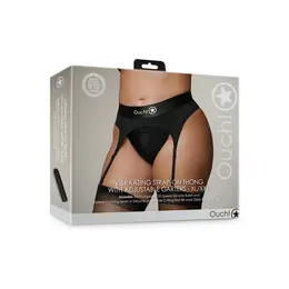 Shots Vibrating Adjustable Strap-On Thong XL/XXL with Garters Black