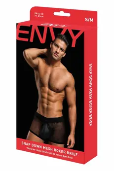 ENVY Snap Down Mesh Boxer Brief Black M/L - Breathable Mesh, Snap Pouch