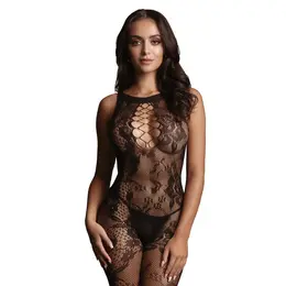 Shots Criss Cross Neck Lace Bodystocking High Neckline S-XL Black