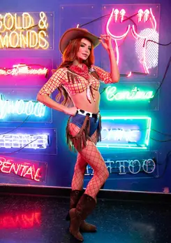 Playful Cowboy Set 5-Piece - Fringe Crop Top, High Waist Pants, Accessories XS