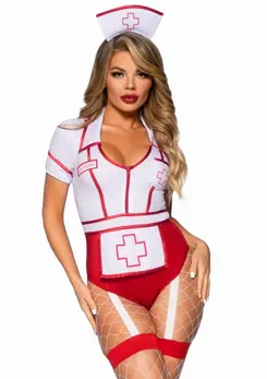 Nurse Feelgood Bodysuit Costume with Apron and Hat - L