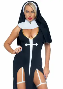 Sultry Sinner Dress Costume with Vinyl Details and Nun Habit, Black S