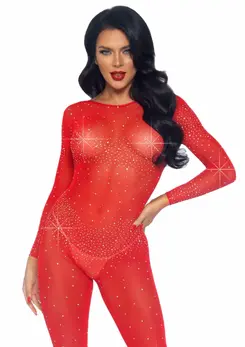 Sheer Rhinestone Catsuit - Long Sleeve Sparkling Bodystocking Black S
