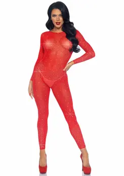 Sheer Rhinestone Catsuit - Long Sleeve Sparkling Bodystocking Black S