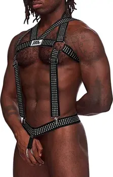 Male Power Elastic Harness Black Adjustable Studded One Size
