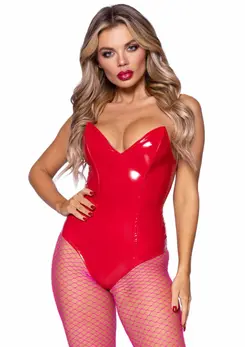 Leg Avenue Vinyl Boned Bodysuit Black Strapless Bat-Wing Design