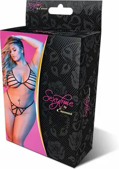Magic Silk Exposed 2X Black Strappy Bra & G-String Set Adjustable