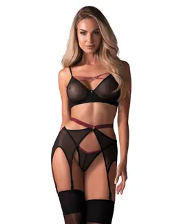 Obsessive Novenes Set M/L - 3-Piece Powernet Lingerie with Pink Accents