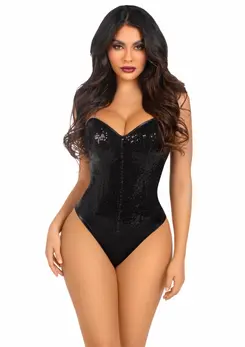 Sequin Boned Bodysuit with Detachable Straps, Snap Closure, Silver