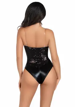 Sequin Boned Bodysuit with Detachable Straps, Snap Closure, Silver