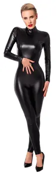 Noir Handmade Power Wetlook Jumpsuit S with Zippers and Ring, Black