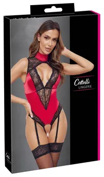 Cottelli LINGERIE Satin & Lace Suspender Body Red/Black Size L