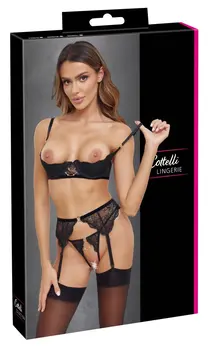 Cottelli Lingerie Set 75B/S Black Lace Chain-Detail 3-Piece Outfit