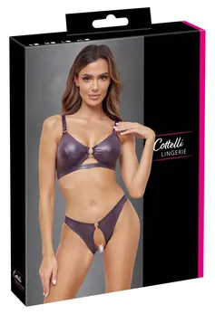 Cottelli Lingerie Set Bra & Panty Purple Wetlook S Adjustable Fit