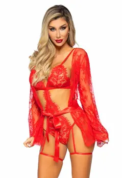 Dreamgirl Garter Teddy Set with Lace Robe and Adjustable Straps Black