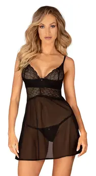 Obsessive Chemeris Babydoll Set XS/S Black Lace & Tulle Adjustable