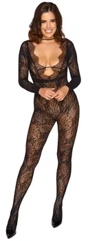 Cottelli FANTASY Lace Catsuit S-L, Long Sleeves, Deep Neckline, Black