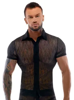 Svenjoyment Transparent Lace Shirt M - Black, Stretch, Buttoned Front