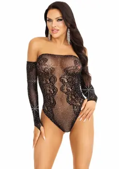 Dreamgirl Rhinestone Off The Shoulder Lace Teddy Black One Size