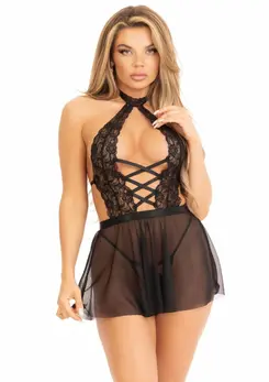 Elegant Moments Lace Babydoll Set with Sheer Skirt & G-String Black M/L