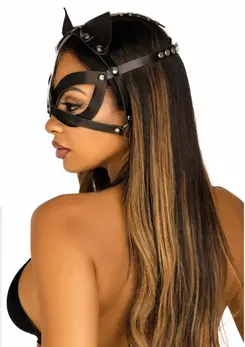 Leg Avenue Vegan Leather Studded Cat Mask Adjustable Black