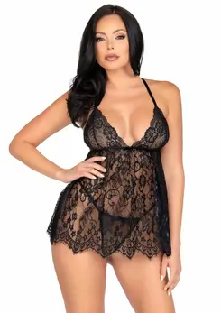 Dreamgirl Floral Lace Babydoll Set with Eyelash Lace Hem Black S/M