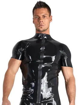 LateX Collection Men's Latex Shirt XL with Front Zipper, Black Finish