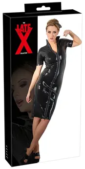 LateX Midi Zip Dress M Black - Two-Way Front Zipper & Stand-Up Collar