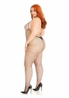 Plus Net Racer Neck Backless Bodystocking Black One Size