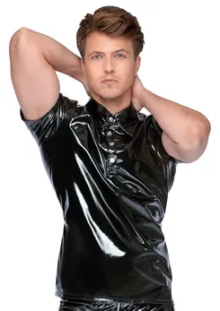Black Level Vinyl Polo Shirt XL - Shiny Slim-Fit, Press Studs, Black