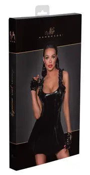 Noir Handmade Vinyl Dress Black Ruffle S, Fitted Waist, Flared Skirt