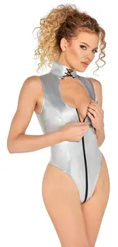 Black Level Silver Vinyl Bodysuit L - High Collar & Dual Zip Design