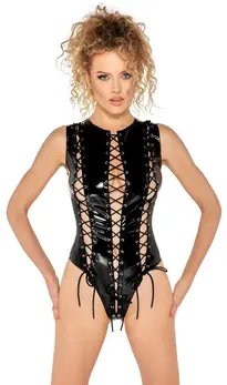 Black Level Vinyl Bodysuit Lace-Up Design, Size M, High-Cut Legs