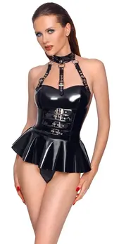 Black Level Vinyl Bodysuit with Flared Skirt, Adjustable Straps, L