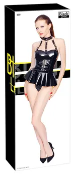 Black Level Vinyl Bodysuit with Flared Skirt, Adjustable Straps, Size S