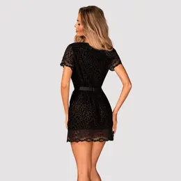 Obsessive Giully L/XL Women’s Leopard Print Peignoir, Black, Satin Tie