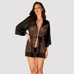 Obsessive Allunes Peignoir 2XL/3XL Black Satin Animal Print Robe