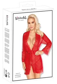 Kissable Kimono Red L/XL with Gold-Shimmer Lace, Satin Belt