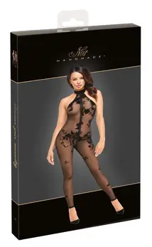 Noir Handmade Mesh Catsuit XL with 3-Way Zipper, Floral Velvet Pattern