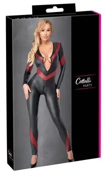 Cottelli PARTY Jumpsuit Black/Red M - Matt Stretch, 3-Way Zipper