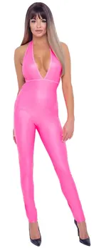 Cottelli Party Jumpsuit Neon Pink L - Shiny Halterneck Bodysuit