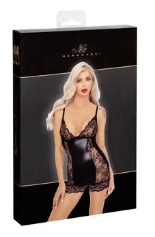 Noir Handmade Powerwetlook Mini Dress with Lace XL Black