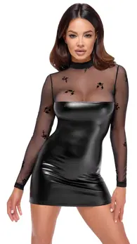 Noir Handmade Dress Flock S - Black Powerwetlook & Velvet Tulle, S